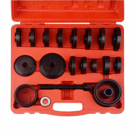 Front Wheel Drive Bearing Removal Tool Set With Press Kit And Adapters arranged in red carrying case