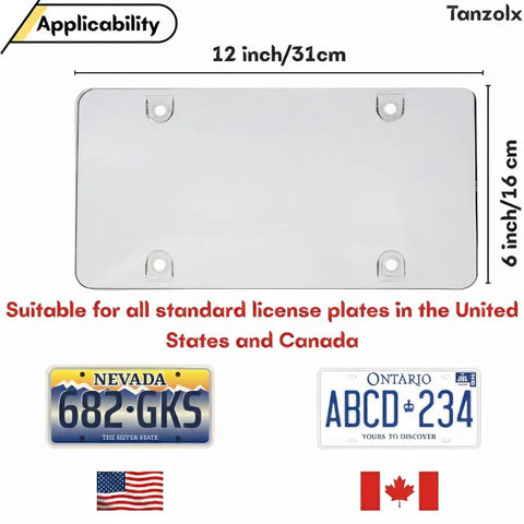 Two Pack Clear License Plate Covers Unbreakable Bubble Shield For US And Canada Cars Street Legal And Universal Fit With UV Protection Heavy Duty Protector Includes Screws, shown installed with dimensions.