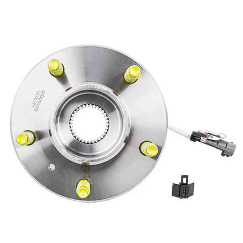 Front view of Pair Front Wheel Bearing Hub Assemblies for 2000-2013 Chevrolet Impala, 5-Bolt ABS design with wiring.