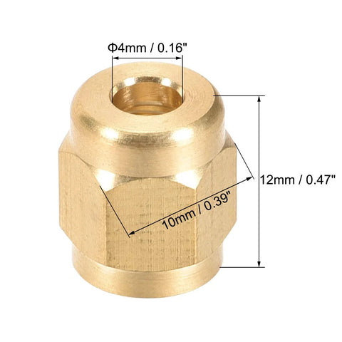 Brass tubing compression nut with 4mm bore and hex body for M8x4mm hydraulic fittings