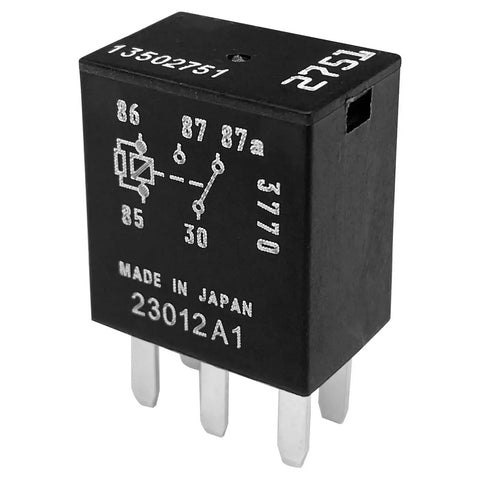 Three Pack 12V 30A 40A 5 Pin SPDT Automotive Relay Set For GM Vehicles, close-up of black relay with pins