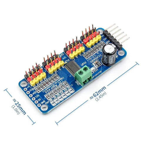 Top view of a 16 Channel 12 Bit PWM Servo Motor Driver Board With I2C Interface, dimensions labeled, ideal for Arduino and Raspberry Pi projects.