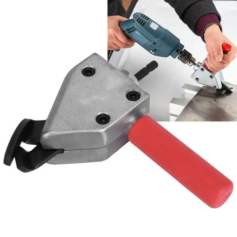Heavy Duty Metal Sheet Cutter For Electric Drill With Universal 7mm Hex Shank, all-in-one cutter head and ergonomic handle displayed