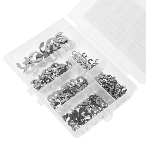 All In One Stainless Steel Hardware Kit Featuring 300 Pcs Open Split Washers And E Type Circlips 304 Stainless Retaining Ring Assortment For Indoor Outdoor Use Heavy Duty Rust Resistant Fasteners in an organized case