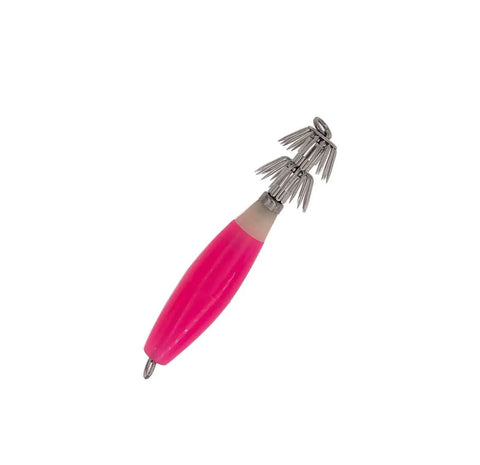 3.75 Inch Pink Fluorescent Squid Jigs Kit With Swivel Hook Assembly, glow PVC body, dual sharp hooks for night fishing.