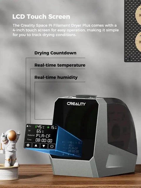 Upgraded Space Pi Filament Dryer Plus with LCD touch screen displaying temperature and humidity settings.