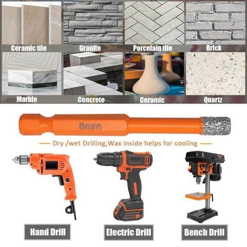 Diamond Drill Bit Set For Porcelain Tile And Ceramic Stone 2 Pc 1 Quarter Inch Hex Shank Dry Diamond Bits With Quick Change Wax Coated For Cooling Works On Quartz Granite Marble And More BeQell displayed with compatible drills and surface types