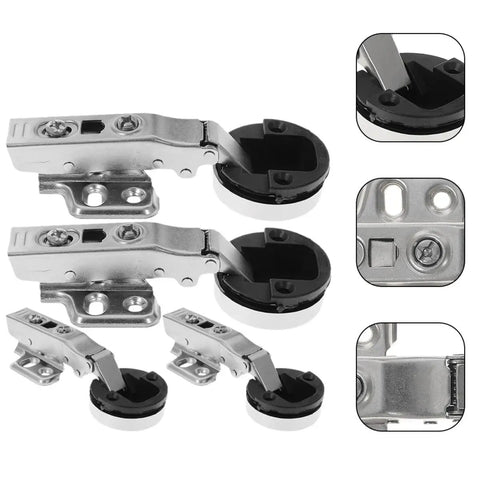 4 Pack Hydraulic Glass Door Hinges With Soft Close Damping For Kitchen Cabinets And Wine Cabinet Doors Quiet Smooth Closing Durable Cabinet Door Hardware, showing hinges in close-up and side views.