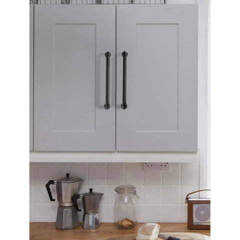 10 Pack Matte Black Kitchen Cabinet Pulls 5 Inch Center To Center 128mm Zinc Alloy Solid Round Drawer Handles installed on grey cabinet