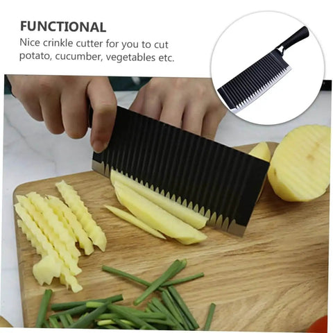 Person using Wavy Chopper Knife Crinkle Cutter For Chips And Veggies Stainless Steel Mandoline Slicer Kitchen Tool for potatoes.