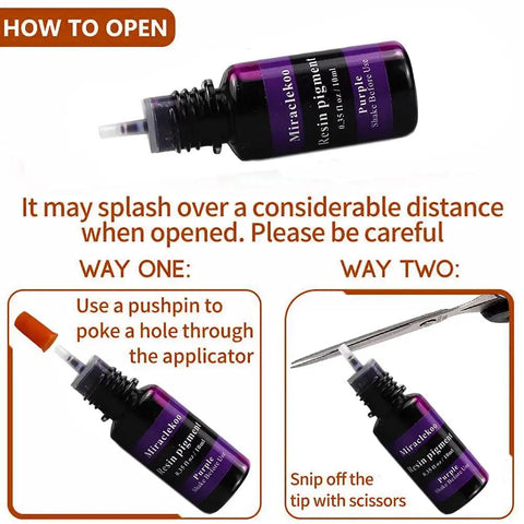Instructions for opening a bottle from the 12 Colors Epoxy Resin Dye Kit With 10ml Bottles Translucent Pigment For Resin Craft Non Toxic Safe For The Environment Perfect For Jewelry Coasters Casting And Art Projects Easy To Mix And A Little Goes A Long Way using a pushpin or scissors.