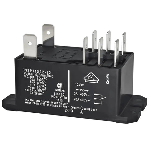 Two Pack DPDT Power Relay 12V DC Coil Beefy 30A 120 277VAC General Purpose Relay with multiple connectors for industrial use.