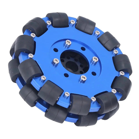 Close-up of 5 Inch Omni Wheel with Aluminum Alloy Hub for DIY Robots, featuring 127mm metal roller wheel for omnidirectional movement.