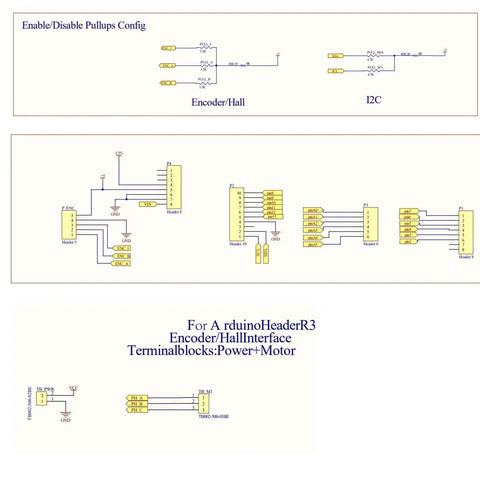 Circuit diagram for Pro Grade BLDC Motor Controller for FOC Shields, showing encoder and hall interface setup, ideal for Arduino and STM32.