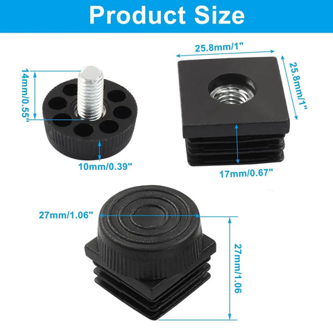 12 Pack Black Square Tube Insert Kits With Adjustable Feet For 1x1 Inch OD Square Pipe, showing dimensions and components