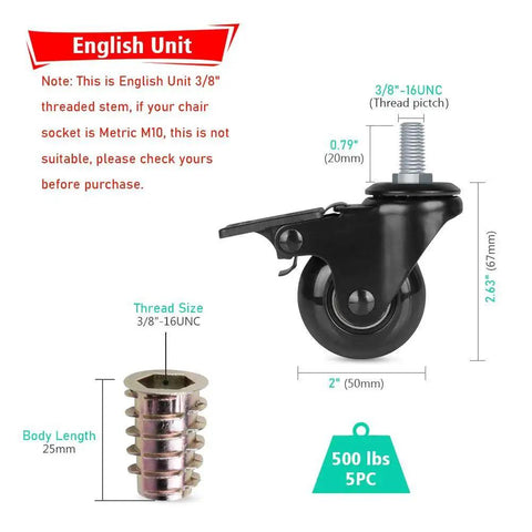 2 Inch Swivel Caster Wheels With Locking Brake, Threaded 3/8-16 UNC Imperial Stem, Heavy Duty Office Chair Furniture And Shelf Casters, Replacement Pack Of 5 With 3/8 Inch Screw Inserts, illustration