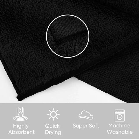 Close-up of Black Microfiber Washcloths 24 Pack 12x12 Inches For Makeup Removal And Spa, highlighting texture and absorbency.