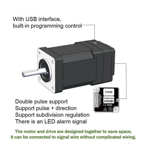 Nema 17 42mm Closed Loop Stepper Motor with Encoder and USB interface; shown with labels for pulse, direction, and LED signal on the body.