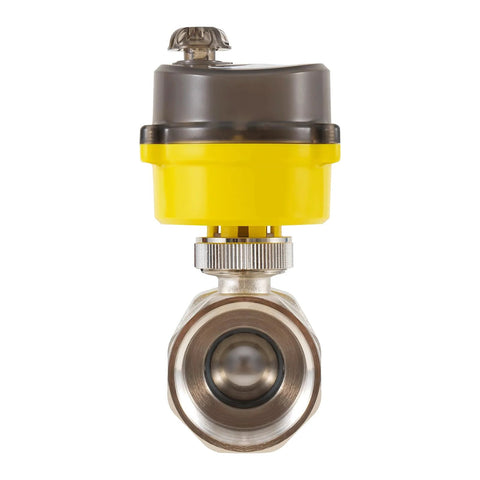Electric ball valve with yellow actuator on stainless steel body, 1-1/4 inch full bore, normally closed.
