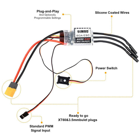Beefed Up High Performance Brushless Motor And 80 Amp ESC Combo For One Eighth And One Tenth Scale RC Crawlers Including Axial SCX10 And TRX 4 TRX 6 Off Road Trucks With USB Linker Speed Control Programming shown with wires and plugs.