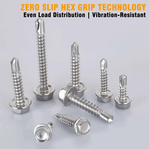 Close-up of 150 Piece Self Drilling Screws Set For Metal Wood Plastic 410 Stainless Steel Self Tapping TEK Screws in four sizes