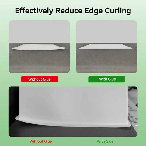 Comparison image showing 3D print edge curling without glue and flat edges with Rock Solid 60ML 3D Printer Adhesive Glue For Ultra Strong Bed Adhesion
