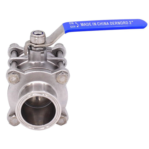 DERNORD 2" sanitary ball valve with 2" tri-clamp ends, stainless steel 304 body, PTFE lining, blue lever handle