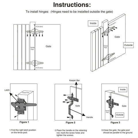 Installation guide for Wood Gate Hardware Set with Heavy Duty 8-Inch Decorative Strap Hinges and Spring Loaded Latch Kit in black finish.