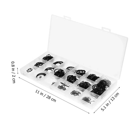 External Circlip Assortment Kit In Carbon Steel With 18 Sizes, C Clip Retaining Rings in organized storage box, dimensions shown