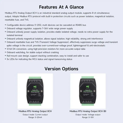 Industrial 8 Channel Analog Output Module With 12 Bit DAC And 8 Simultaneous Current Outputs, rugged grade, RS485 ready.