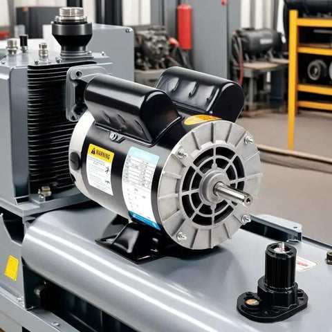 2HP Air Compressor Replacement Motor With 3450 RPM Dual Voltage 115 Or 230V 56 Frame 5 Eighth Inch Keyed Shaft Ultra Quiet 75 DB Electrically Reversible Drop In Replacement by JIAXINPRO shown installed on compressor.