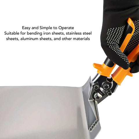 Gloved hand using Six Inch Straight Jaw Metal Bending Pliers For HVAC Ductwork Pro Grade Hand Seamer on metal sheet