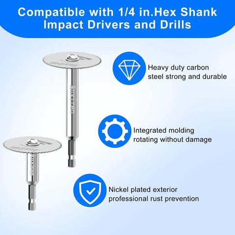 All-In-One Rotary Drill Saw Blade Kit With Six High Speed Steel Cutting Discs And Four Shanks Including Hex And Round Options Plus Screwdriver display with hex shanks