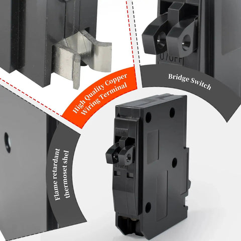 Tandem 1 Pole 20 Amp Circuit Breaker Plug-In 120/240V AC With 10kA Interrupting Rating, shown with wiring terminal close-up