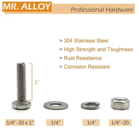 Durable 1/4-20 hex bolt kit with nuts, flat washers and lock washers in premium 304 stainless steel for rust resistance displayed