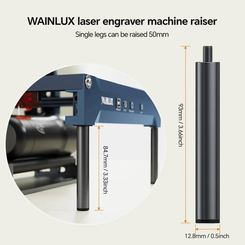 Laser Engraver Raiser Set For X2 And K15 Machines, showing aluminum lifter to boost engraving height by 2 inches, with dimensions.