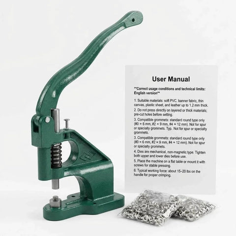 Heavy Duty Hand Press Eyelet Grommet Kit With Three Die Sizes 0 2 4 And 1500 Silver Grommets, includes hand press and instructions