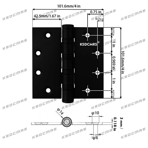 Black 4x4 in heavy-duty ball-bearing door hinge with square corner for residential and commercial doors, 4-pack.