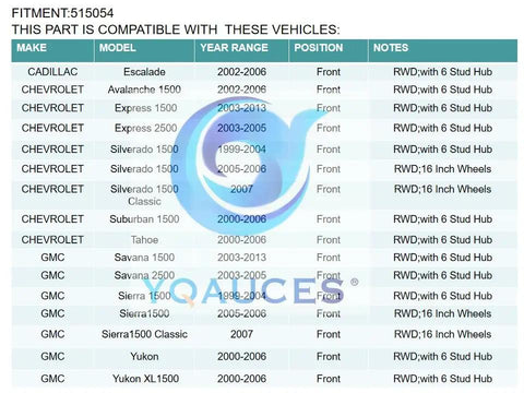 Compatibility chart for Front Wheel Hub And Bearing Assembly With ABS For Chevy Silverado 1500 1999 2006 2WD 4X4 Six Lug
