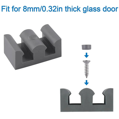 4-Piece Framed Silicone Shower Door Bumpers For Sliding Glass Doors, shown in clear grey with central screw and fitting parts