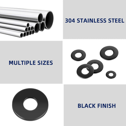 MewuDecor stainless flat washers, black finish, 304 stainless steel, various sizes, 10 pcs