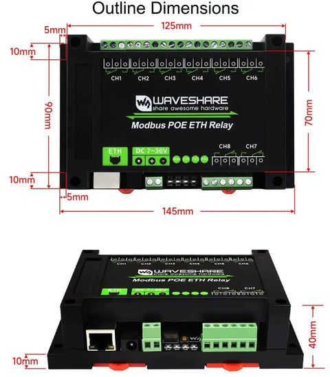 8-Channel Ethernet Relay Module With Modbus RTU TCP Protocol, PoE Powered, ABS Rail-Mount Case, front and side view with dimensions