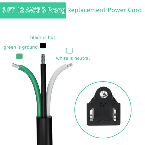 6 FT 12 AWG 3 Prong Replacement Power Cord Cable 110V 120V 15 Amp for Appliances Power Tools, wires labeled black, green, white