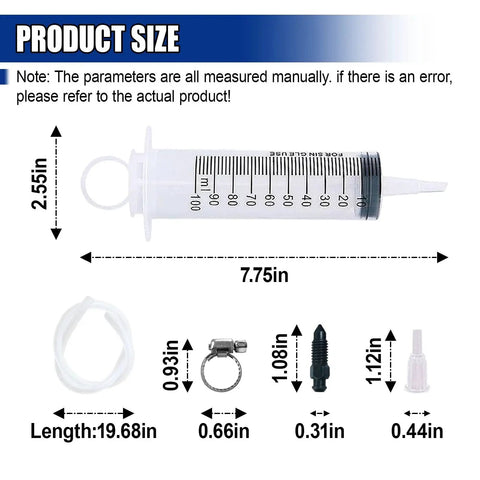 GAOLAOSY brake bleed kit, front view; includes 100ml syringe and 50cm hose for hydraulic disc/clutch braking.