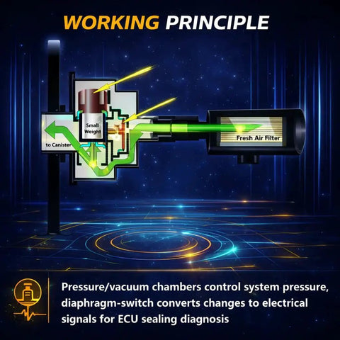 Diagram of Evaporative Emissions System Integrity Module Leak Detection Pump component with pressure chambers and air filter.