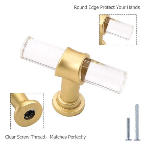 10 Pack T Shape Acrylic Cabinet Knobs With Gold Tone Zinc Alloy Bases For Dresser And Cupboards Clear Acrylic Pulls