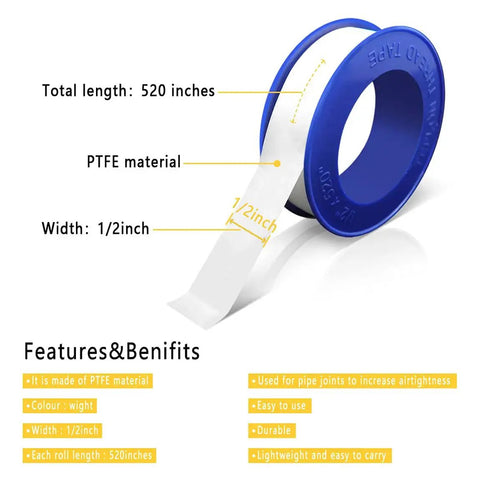 4 Rolls PTFE Thread Seal Tape Half Inch By 520 Inches Long For Plumbing White with blue spool and labeled measurements.