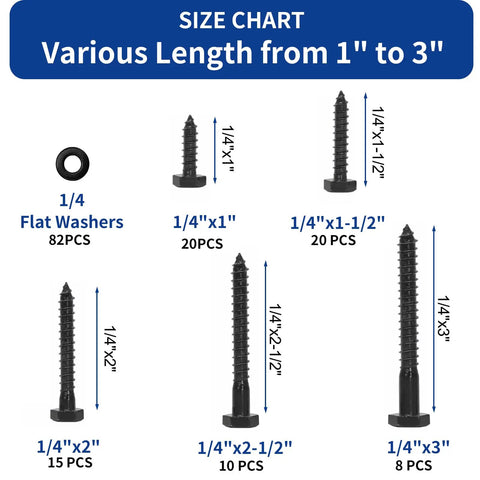 Pro Grade Stainless Steel Lag Screws Set With Black Oxide Finish Includes One Inch One And A Half Inch Two Inch Two And A Half Inch And Three Inch Lag Bolts In A 155 Piece Assortment With Washers Heavy Duty Wood Screws 304 size chart