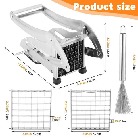 Effortless French Fry Cutter With Dual Stainless Steel Blades Quick Potatoes Slicer For Home Kitchen Make Crispy Fries In Seconds Ergonomic Handle Veggie Cutters For Carrots And More with dimensions and components visible