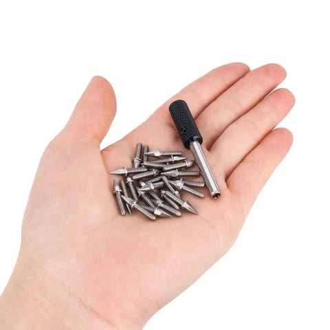 Premium Stainless Steel Lug Nuts With Spike Acorn Design 24Pcs Hex Screws shown with hex driver in hand